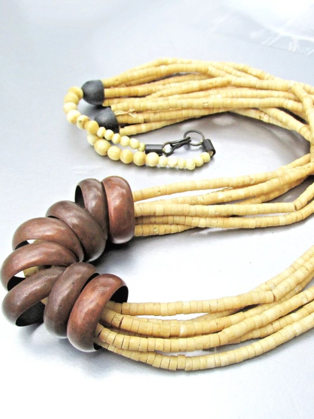 Vintage 6 Strand Shell Bead & Bronze Circle 31" Necklace